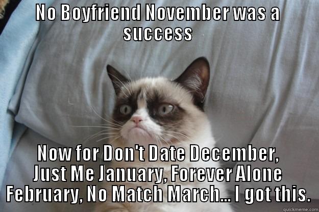 NO BOYFRIEND NOVEMBER WAS A SUCCESS NOW FOR DON'T DATE DECEMBER, JUST ME JANUARY, FOREVER ALONE FEBRUARY, NO MATCH MARCH... I GOT THIS. Grumpy Cat