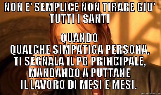 NON E' SEMPLICE NON TIRARE GIU' TUTTI I SANTI QUANDO QUALCHE SIMPATICA PERSONA, TI SEGNALA IL PG PRINCIPALE, MANDANDO A PUTTANE IL LAVORO DI MESI E MESI.  Boromir