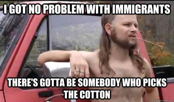 I got no problem with immigrants there's gotta be somebody who picks the cotton  Almost Politically Correct Redneck