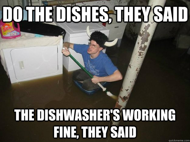 DO THE DISHES, THEY SAID THE DISHWASHER'S WORKING FINE, THEY SAID  Do the laundry they said