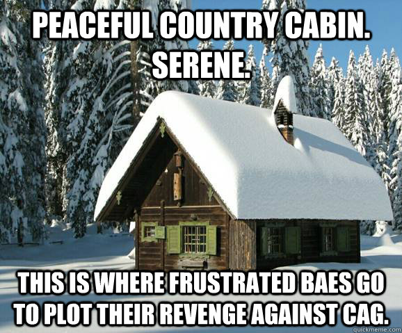 Peaceful country cabin. Serene. This is where frustrated BAEs go to plot their revenge against CAG.  BAE cabin