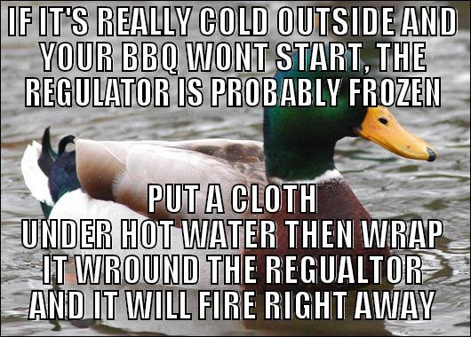 Winter BBQ Advice - IF IT'S REALLY COLD OUTSIDE AND YOUR BBQ WONT START, THE REGULATOR IS PROBABLY FROZEN PUT A CLOTH UNDER HOT WATER THEN WRAP IT WROUND THE REGUALTOR AND IT WILL FIRE RIGHT AWAY Actual Advice Mallard