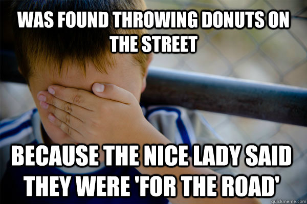 Was found throwing donuts on the street because the nice lady said they were 'for the road'  Confession kid