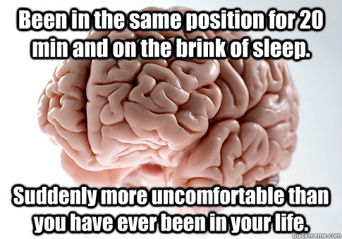 Been in the same position for 20 min and on the brink of sleep. Suddenly more uncomfortable than you have ever been in your life.   Scumbag Brain