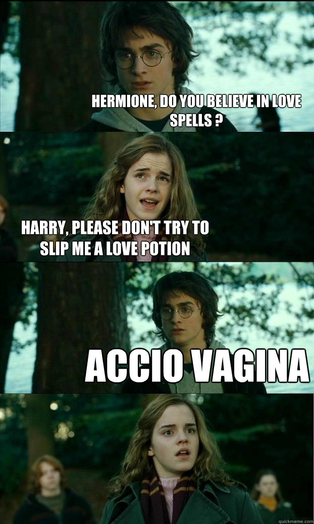 Hermione, do you believe in love spells ? Harry, please don't try to slip me a love potion Accio Vagina  Horny Harry