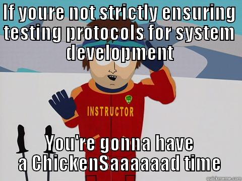 IF YOURE NOT STRICTLY ENSURING TESTING PROTOCOLS FOR SYSTEM DEVELOPMENT YOU'RE GONNA HAVE A CHICKENSAAAAAAD TIME Youre gonna have a bad time