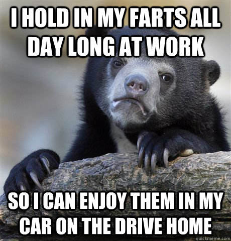 i hold in my farts all day long at work so i can enjoy them in my car on the drive home  Confession Bear