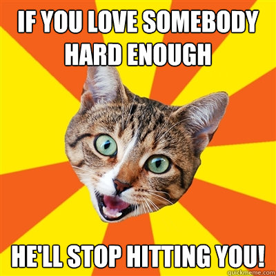 if you love somebody hard enough he'll stop hitting you!  Bad Advice Cat