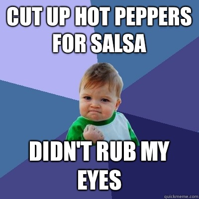 Cut up hot peppers for salsa Didn't rub my eyes  Success Kid