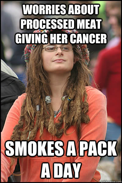 Worries about processed meat giving her cancer Smokes a pack a day  College Liberal