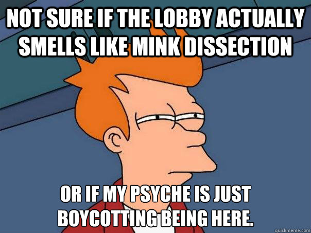 Not sure if the lobby actually smells like mink dissection Or if my psyche is just 
boycotting being here.  Futurama Fry