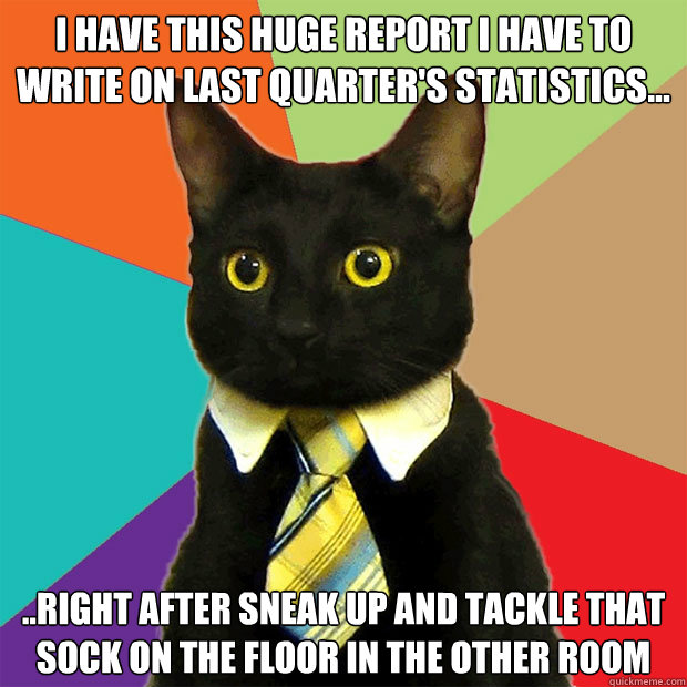 I have this huge report i have to write on last quarter's statistics... ..right after sneak up and tackle that sock on the floor in the other room  Business Cat