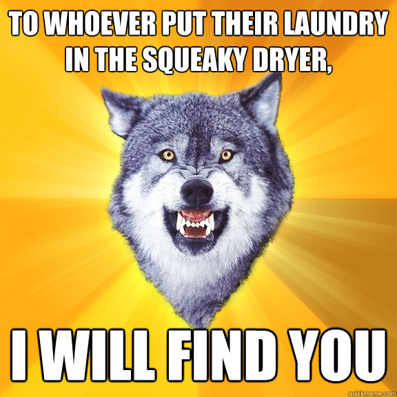 To whoever put their laundry in the squeaky dryer, i will find you   Courage Wolf