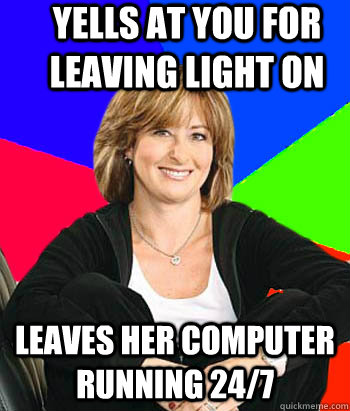 Yells at you for leaving light on Leaves her computer running 24/7  Sheltering Suburban Mom