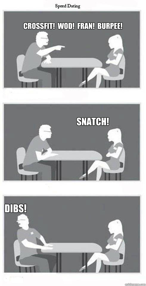 CrossFit!  WOD!  Fran!  Burpee! Snatch! Dibs!  Speed Dating