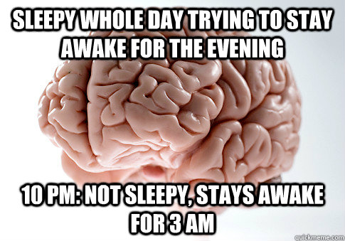 Sleepy whole day trying to stay awake for the evening 10 pm: Not sleepy, stays awake for 3 am  Scumbag Brain