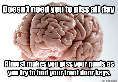 Doesn't need you to piss all day Almost makes you piss your pants as you try to find your front door keys.  Scumbag Brain