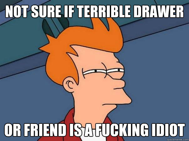 not sure if terrible drawer Or friend is a fucking idiot - not sure if terrible drawer Or friend is a fucking idiot  Futurama Fry