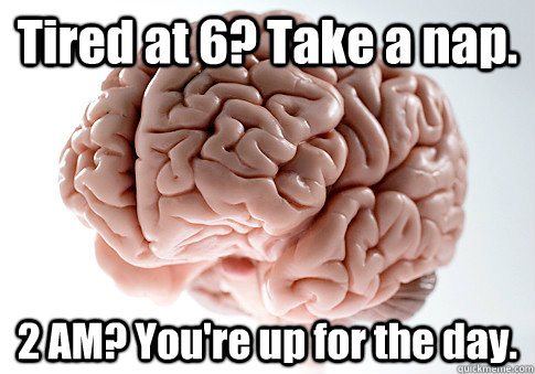 Tired at 6? Take a nap. 2 AM? You're up for the day.   Scumbag Brain