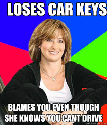 LOSES CAR KEYS  BLAMES YOU EVEN THOUGH SHE KNOWS YOU CANT DRIVE  Sheltering Suburban Mom