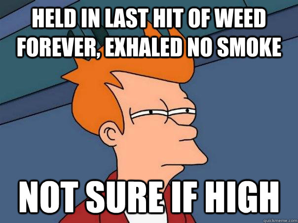 Held In last hit of weed forever, exhaled no smoke Not sure if high  Futurama Fry