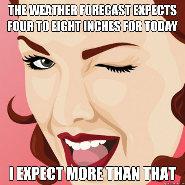 The Weather Forecast expects four to eight inches for today I expect more than that  Overly Meaningful Wink