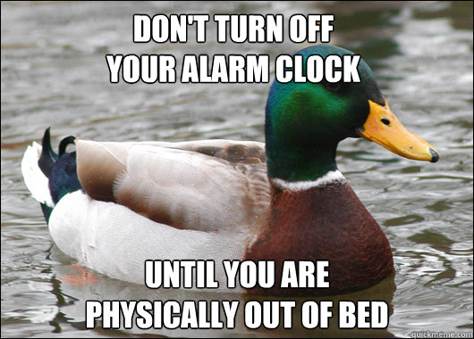 Don't turn off 
your alarm clock until you are 
physically out of bed - Don't turn off 
your alarm clock until you are 
physically out of bed  Actual Advice Mallard