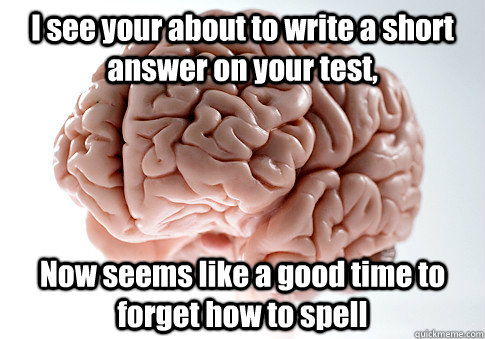 I see your about to write a short answer on your test, Now seems like a good time to forget how to spell   Scumbag Brain