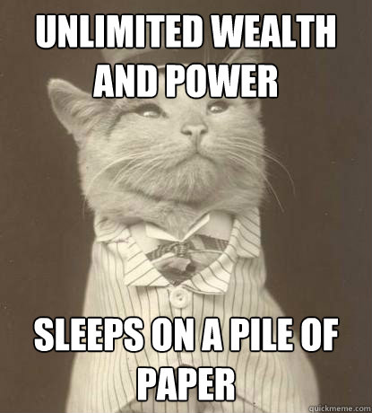 unlimited wealth and power sleeps on a pile of paper  Aristocat