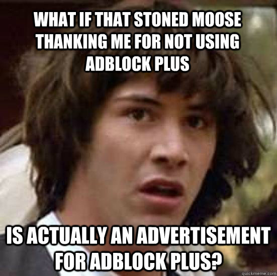 What if that stoned moose thanking me for not using adblock plus is actually an advertisement for adblock plus?  conspiracy keanu