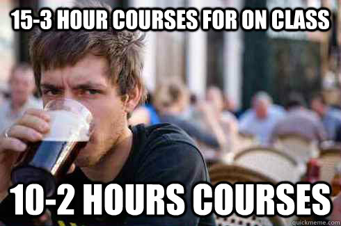 15-3 hour courses for on class   10-2 hours courses - 15-3 hour courses for on class   10-2 hours courses  Lazy College Senior