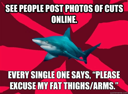 See people post photos of cuts online. Every single one says, “Please excuse my fat thighs/arms.”  Self-Injury Shark