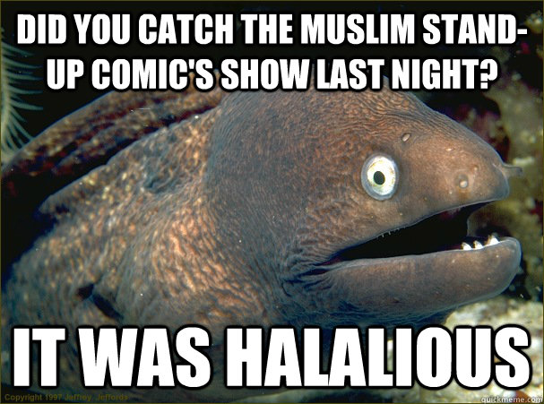 Did you catch the muslim stand-up comic's show last night? It was halalious - Did you catch the muslim stand-up comic's show last night? It was halalious  Bad Joke Eel