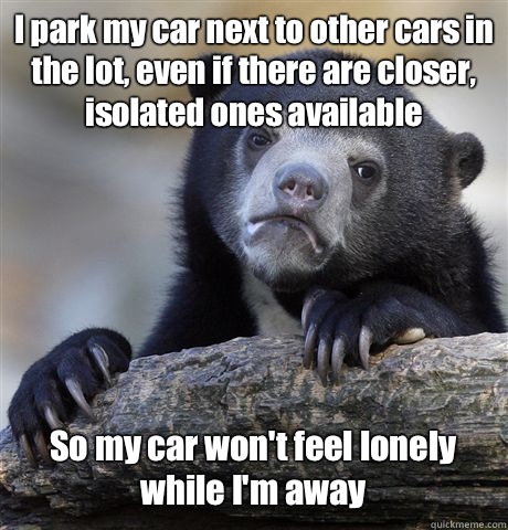 I park my car next to other cars in the lot, even if there are closer, isolated ones available So my car won't feel lonely while I'm away - I park my car next to other cars in the lot, even if there are closer, isolated ones available So my car won't feel lonely while I'm away  Confession Bear