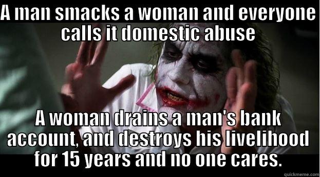 A MAN SMACKS A WOMAN AND EVERYONE CALLS IT DOMESTIC ABUSE A WOMAN DRAINS A MAN'S BANK ACCOUNT, AND DESTROYS HIS LIVELIHOOD FOR 15 YEARS AND NO ONE CARES. Joker Mind Loss