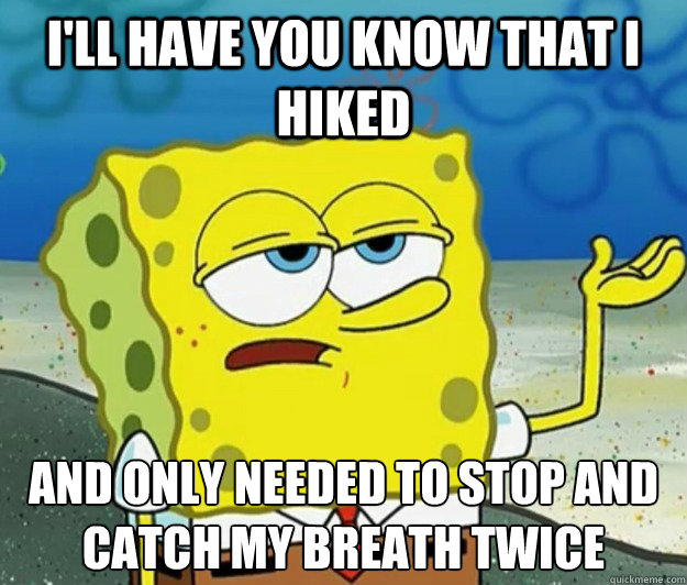 I'll have you know that I hiked And only needed to stop and catch my breath twice  Tough Spongebob