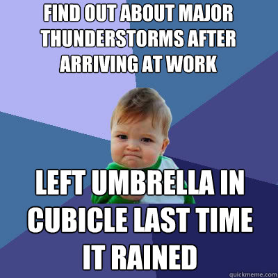 find out about major thunderstorms after arriving at work left umbrella in cubicle last time it rained  Success Baby