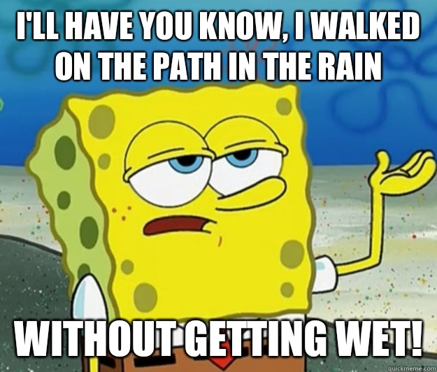 I'll have you know, I walked on the path in the rain without getting wet!  Tough Spongebob