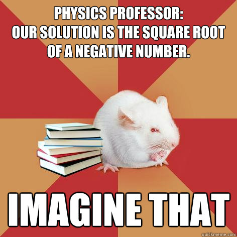 Physics professor:
Our solution is the square root of a negative number. Imagine that - Physics professor:
Our solution is the square root of a negative number. Imagine that  Science Major Mouse