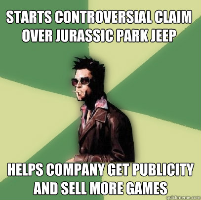 starts controversial claim over jurassic park jeep helps company get publicity and sell more games  Helpful Tyler Durden