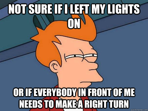 Not sure if I left my lights on Or if everybody in front of me needs to make a right turn  Futurama Fry