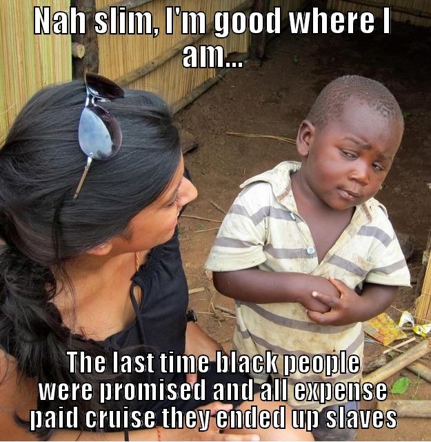 NAH SLIM, I'M GOOD WHERE I AM... THE LAST TIME BLACK PEOPLE WERE PROMISED AND ALL EXPENSE PAID CRUISE THEY ENDED UP SLAVES Skeptical Third World Kid