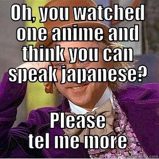 OH, YOU WATCHED ONE ANIME AND THINK YOU CAN SPEAK JAPANESE? PLEASE TEL ME MORE Condescending Wonka