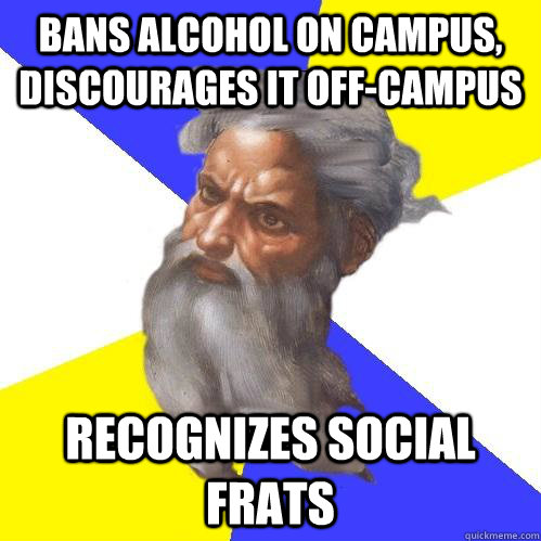 Bans alcohol on campus, discourages it off-campus Recognizes social frats  Advice God