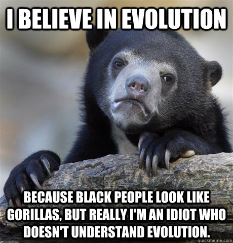 I believe in evolution because black people look like gorillas, but really I'm an idiot who doesn't understand evolution. - I believe in evolution because black people look like gorillas, but really I'm an idiot who doesn't understand evolution.  Confession Bear