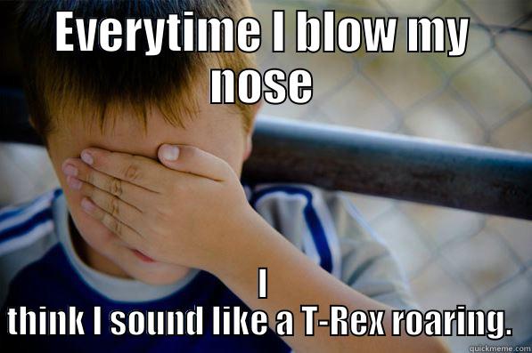 EVERYTIME I BLOW MY NOSE I THINK I SOUND LIKE A T-REX ROARING.  Confession kid