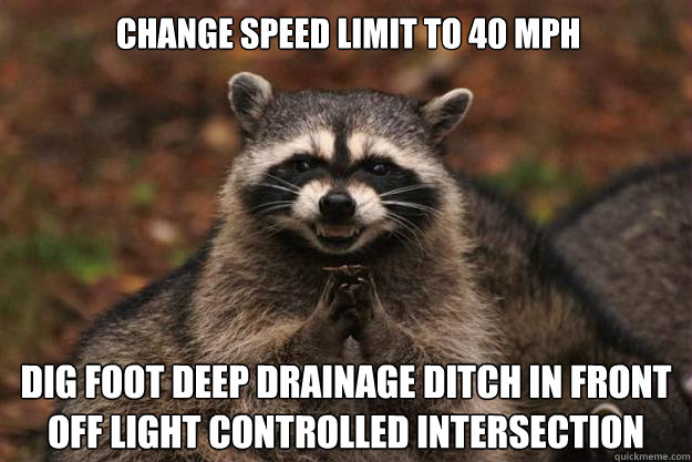 Change speed limit to 40 mph Dig foot deep drainage ditch in front off light controlled intersection  Evil Plotting Raccoon