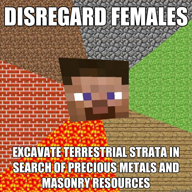disregard females excavate terrestrial strata in search of precious metals and masonry resources  Minecraft