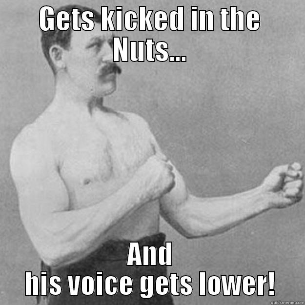 GETS KICKED IN THE NUTS... AND HIS VOICE GETS LOWER! overly manly man