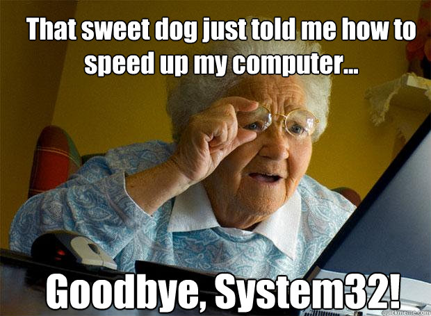 That sweet dog just told me how to speed up my computer... Goodbye, System32!  Grandma finds the Internet